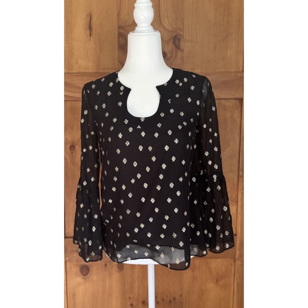 Lilly Pulitzer Matilda Silk Blouse XS Sheer Black Gold Metallic Top Bell Sleeves